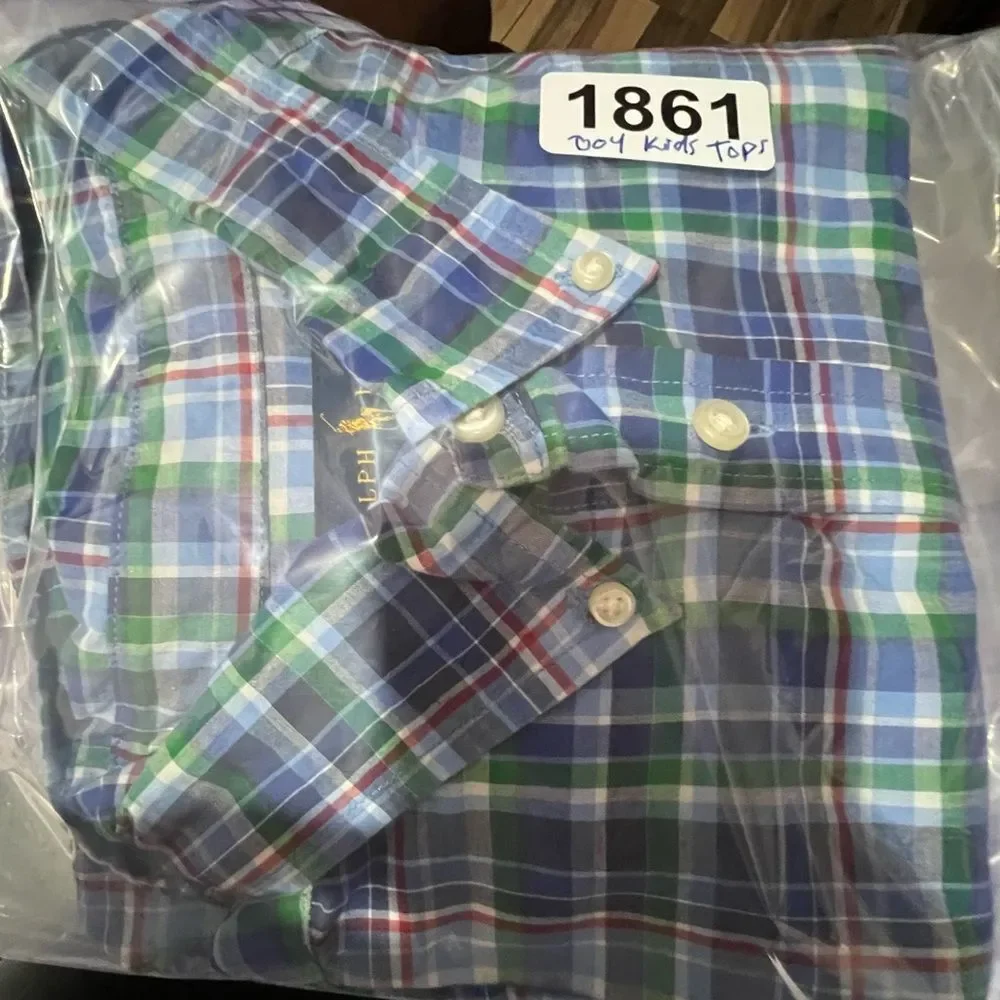 Ralph Lauren Button Down Short Sleeve Blue Plaid Boys Preppy Casual Shirt Sz XL